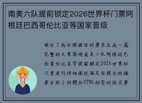南美六队提前锁定2026世界杯门票阿根廷巴西哥伦比亚等国家晋级