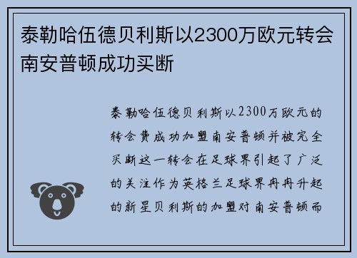 泰勒哈伍德贝利斯以2300万欧元转会南安普顿成功买断
